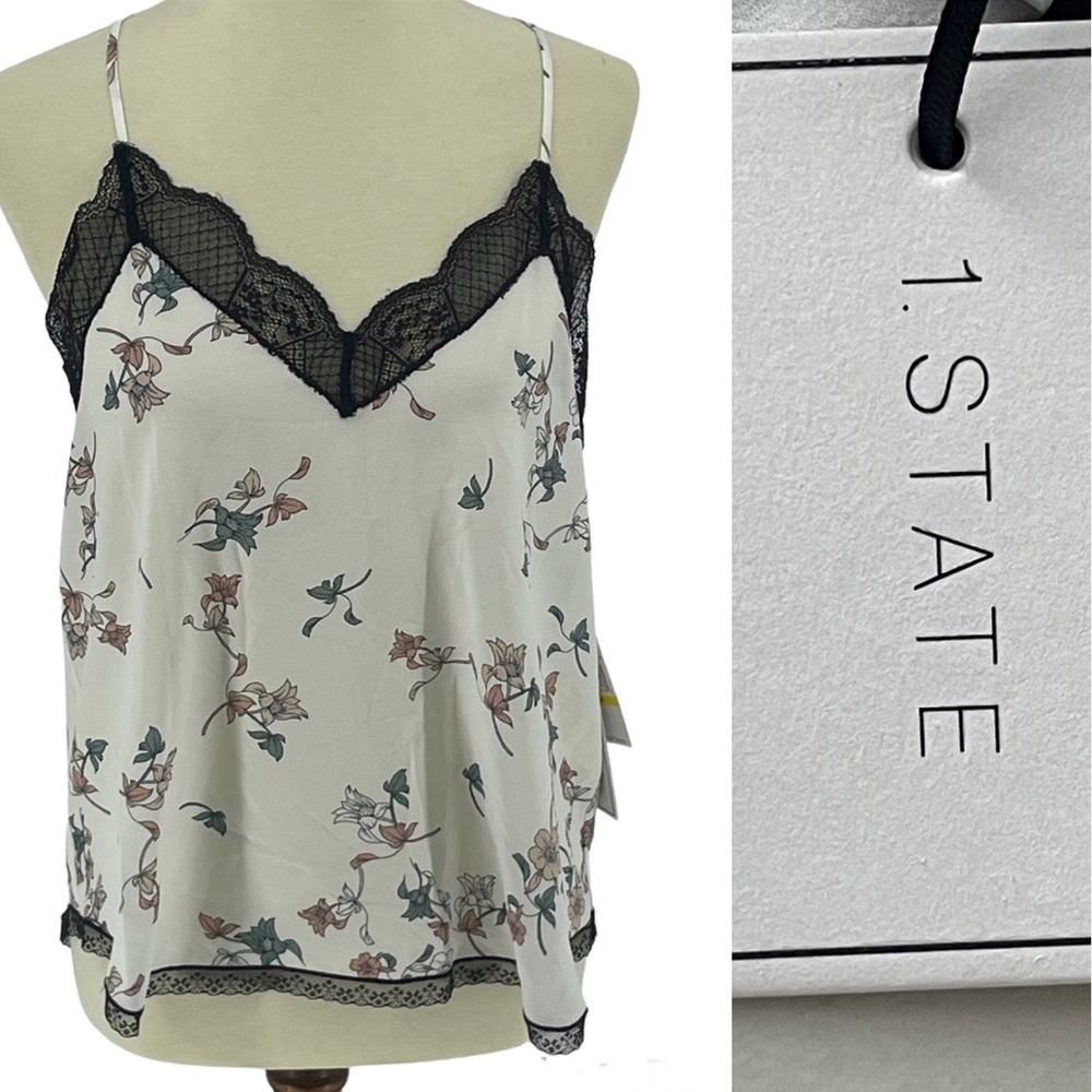 1. STATE NWT SUGAR PLUM FLORAL LACE TRIM CAMI TANK TOP MEDIUM WHITE BLACK - Picture 1 of 11